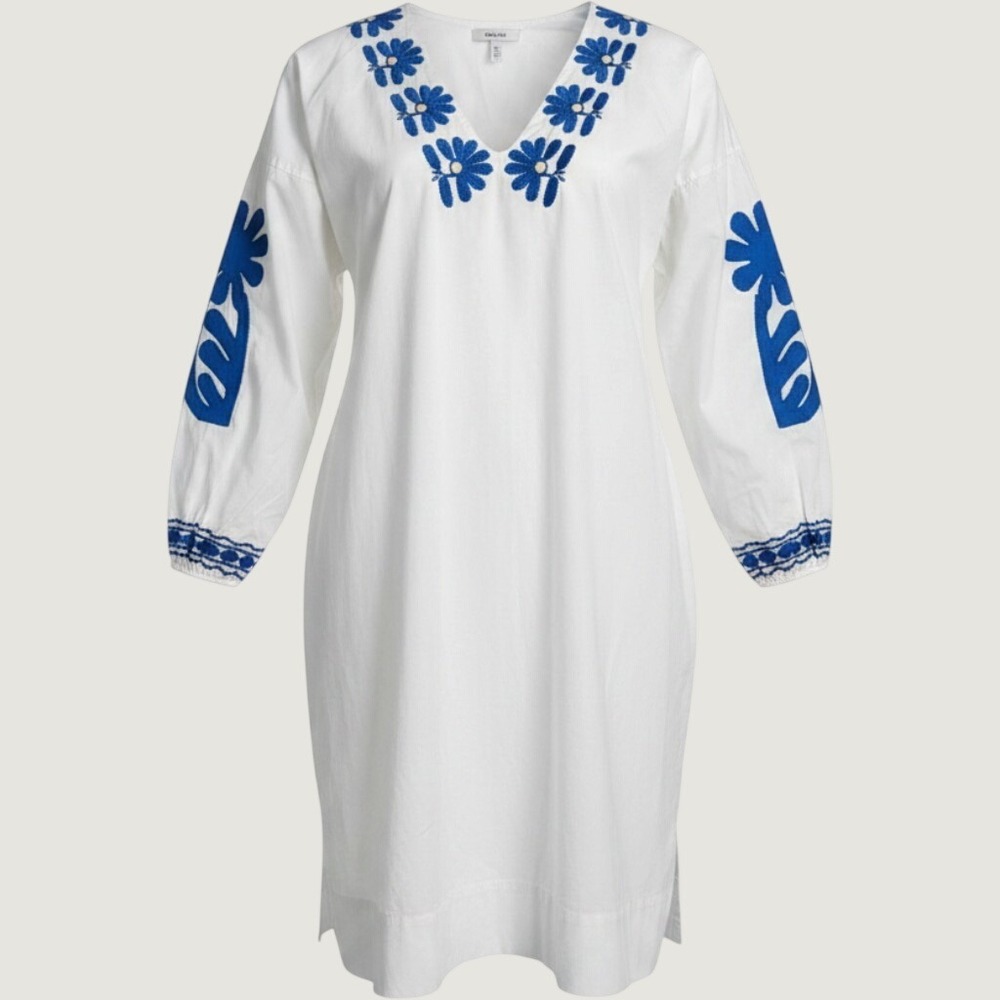 Madewell Embroidered V-Neck Mini Dress White Blue Floral Cotton Boho Size M